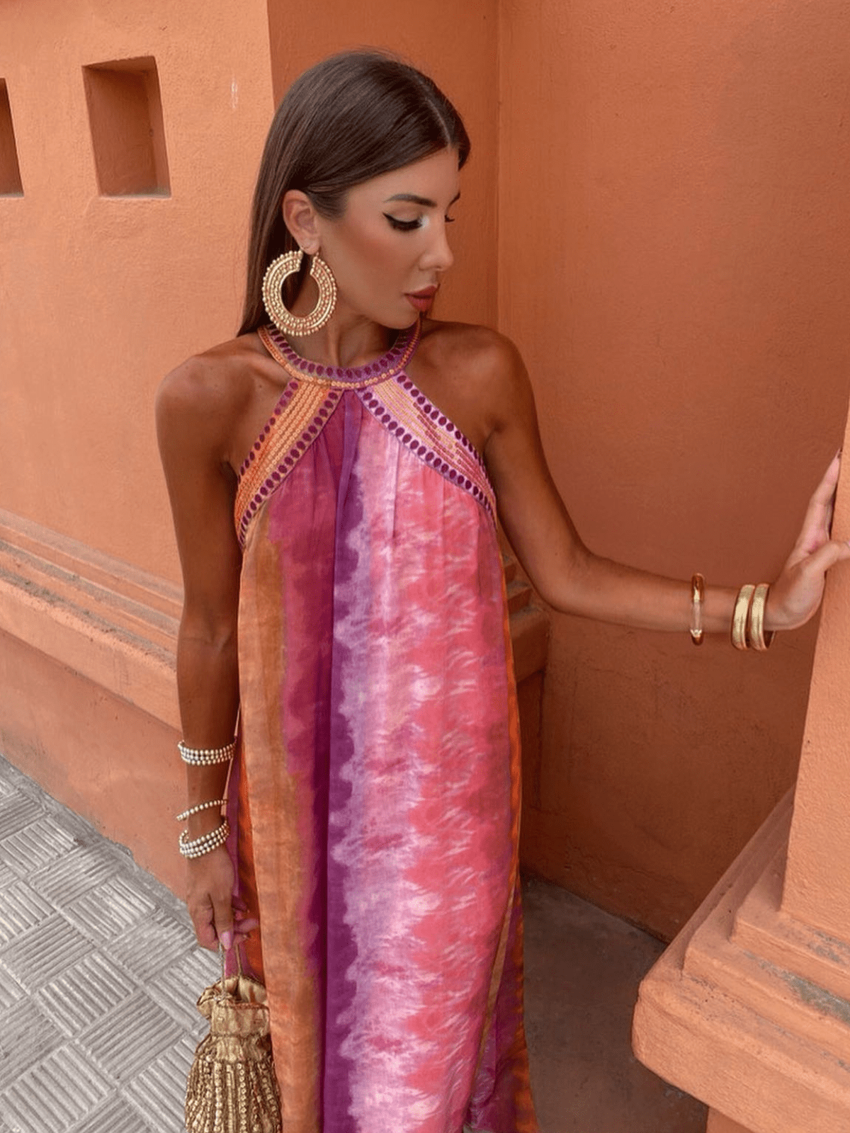 Tie-Dye Maxikleid mit amerikanischem Ausschnitt