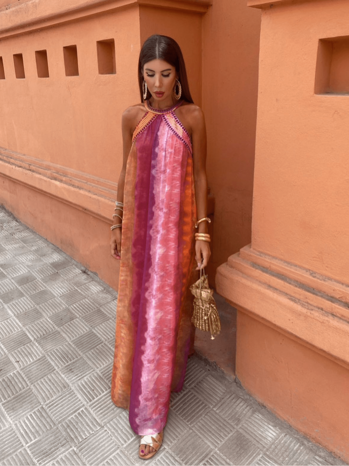 Tie-Dye Maxikleid mit amerikanischem Ausschnitt